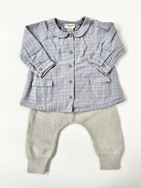 Cyrillus Blue Check Shirt & Grey Knit Trousers Outfit – 6 Months