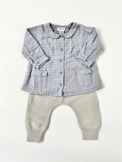 Cyrillus Blue Check Shirt & Grey Knit Trousers Outfit – 6 Months