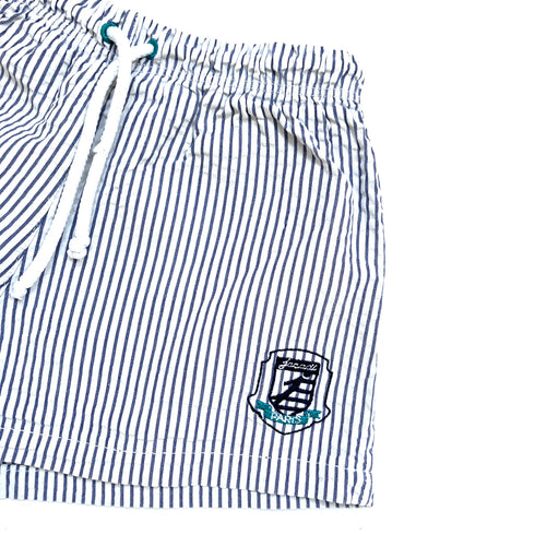 Jacadi Navy & White Stripe Swim Shorts with Crest Badge – 18 Months