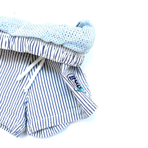 Jacadi Navy & White Stripe Swim Shorts with Crest Badge – 18 Months