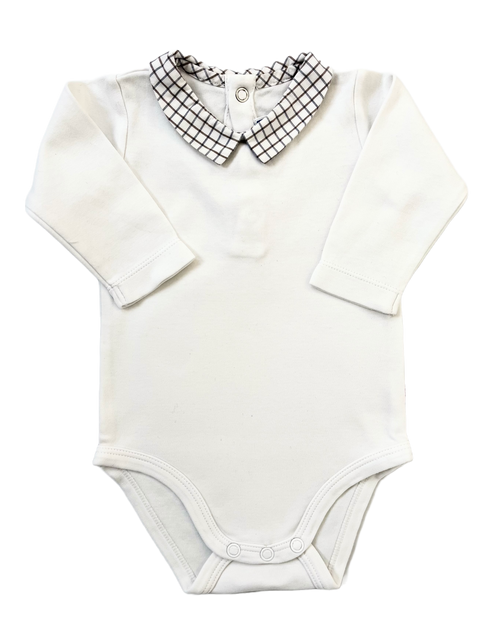 Jacadi White Long Sleeve Bodysuit with Grey Check Collar – 3 Months