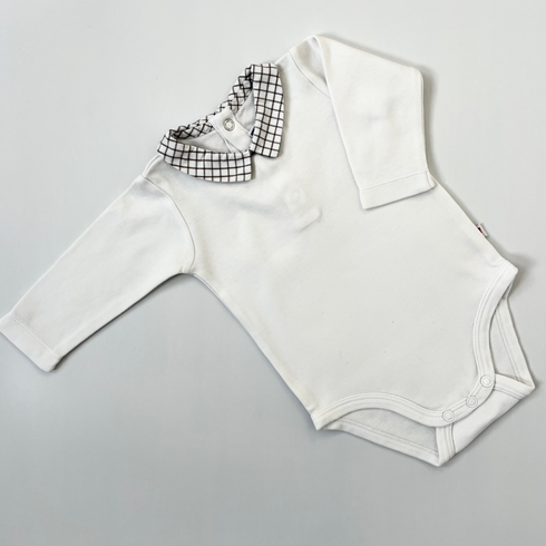 Jacadi White Long Sleeve Bodysuit with Grey Check Collar – 3 Months