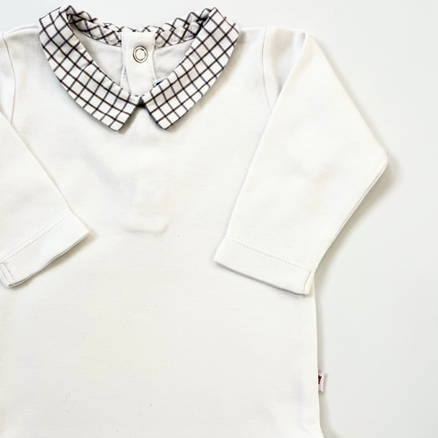 Jacadi White Long Sleeve Bodysuit with Grey Check Collar – 3 Months