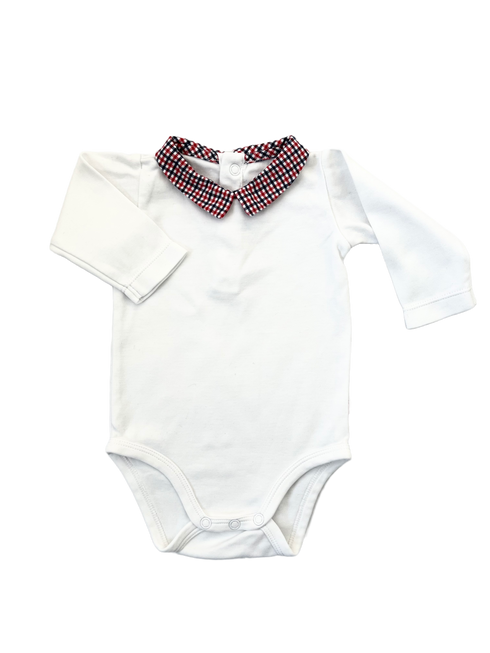 Jacadi White Long Sleeve Bodysuit with Red Check Collar – 3 Months