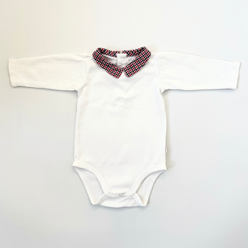 Jacadi White Long Sleeve Bodysuit with Red Check Collar – 3 Months