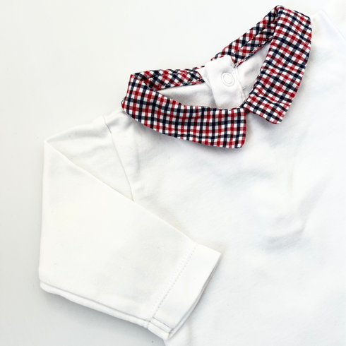 Jacadi White Long Sleeve Bodysuit with Red Check Collar – 3 Months