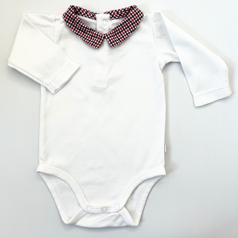 Jacadi White Long Sleeve Bodysuit with Red Check Collar – 3 Months