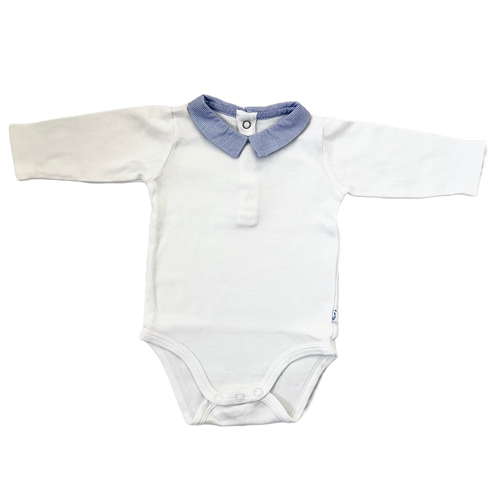 Jacadi Long Sleeve Bodysuit with Blue Checked Collar – 3 Months