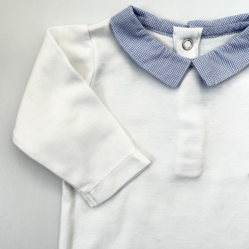 Jacadi Long Sleeve Bodysuit with Blue Checked Collar – 3 Months