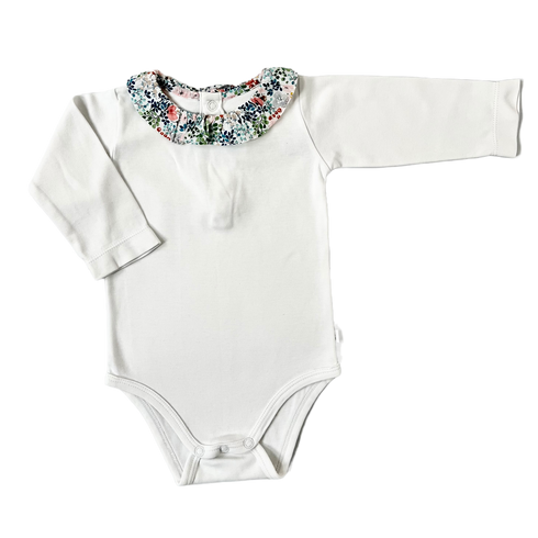 Jacadi White Long Sleeve Bodysuit with Liberty Print Collar – 6 Months