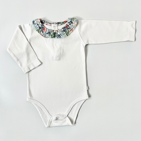 Jacadi White Long Sleeve Bodysuit with Liberty Print Collar – 6 Months