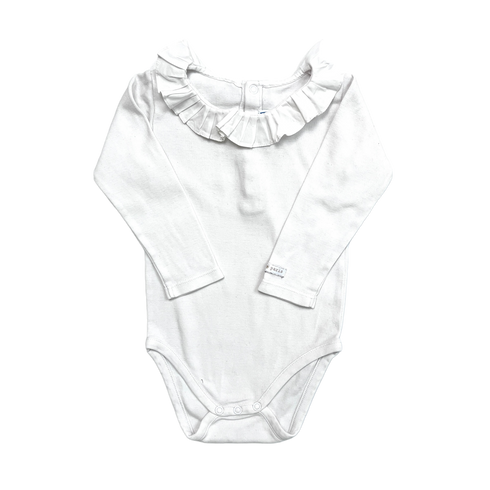 Jacadi White Long Sleeve Bodysuit with Pleated Ruffle Collar – 12 Months